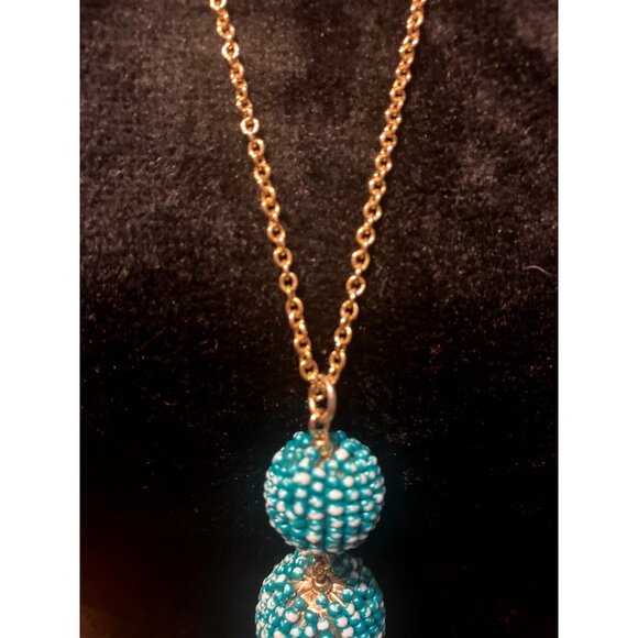 Vintage-Style Turquoise Beaded Pendant Necklace With Tassel On Gold-Tone Chain - Picture 3 of 7